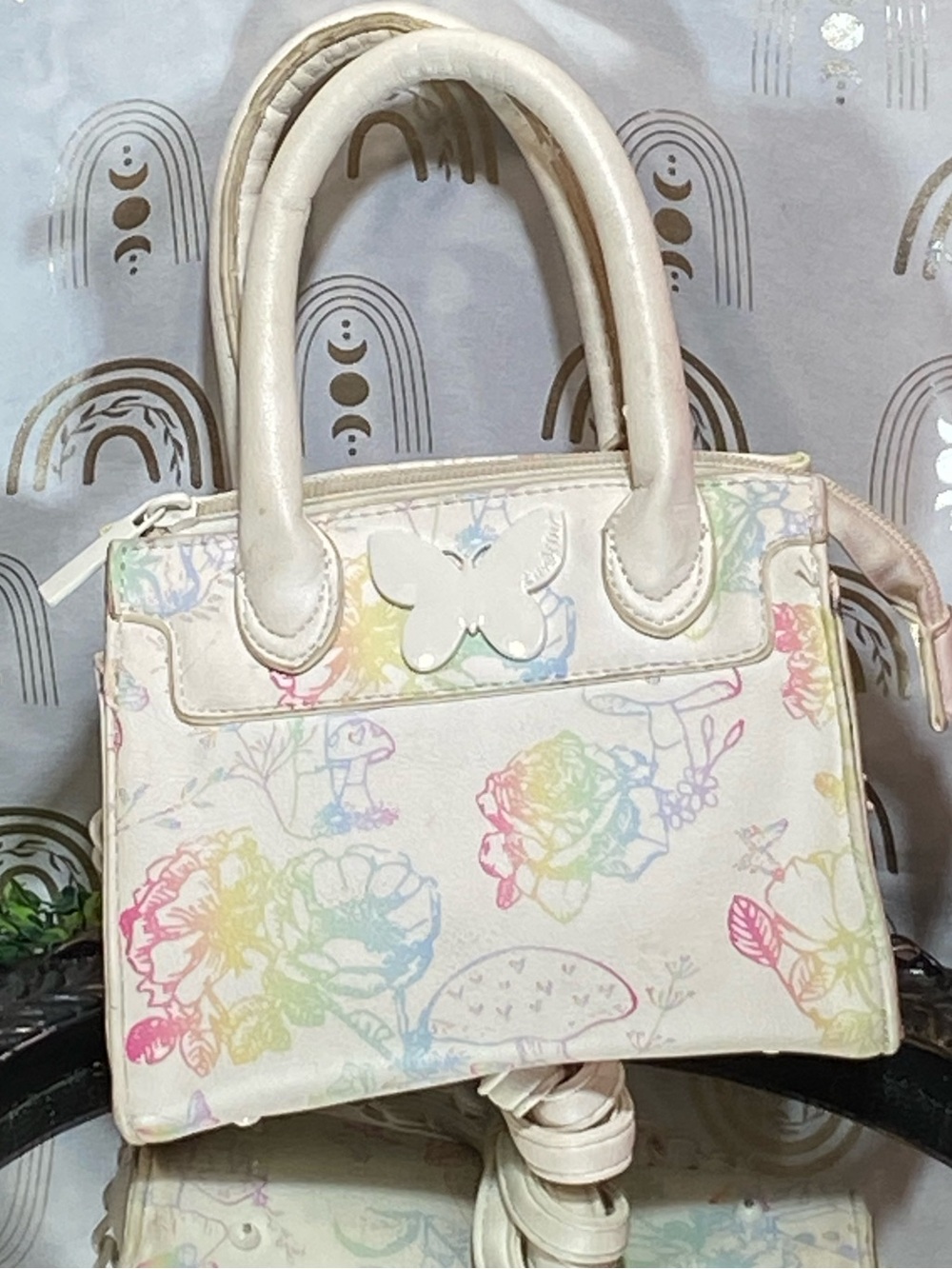 Betsey Johnson Cream Mini Tote with Pastel Floral & Butterfly Accent